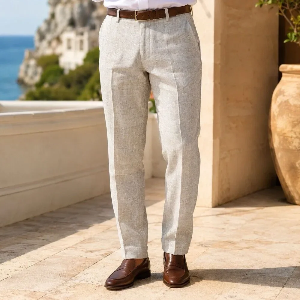 J Crew Suit Pants Mens 33x30 Beige Linen Windowpane Plaid Thompson Lightweight